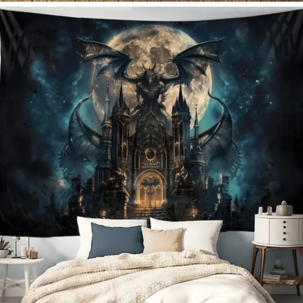 Gothic Dragon Castle Full Moon Wall Tapestry 59x51 Dark Fantasy Decor NEW